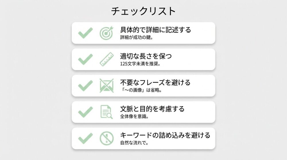 alt属性の書き方チェックリスト: 5つのポイントを示すチェックリスト