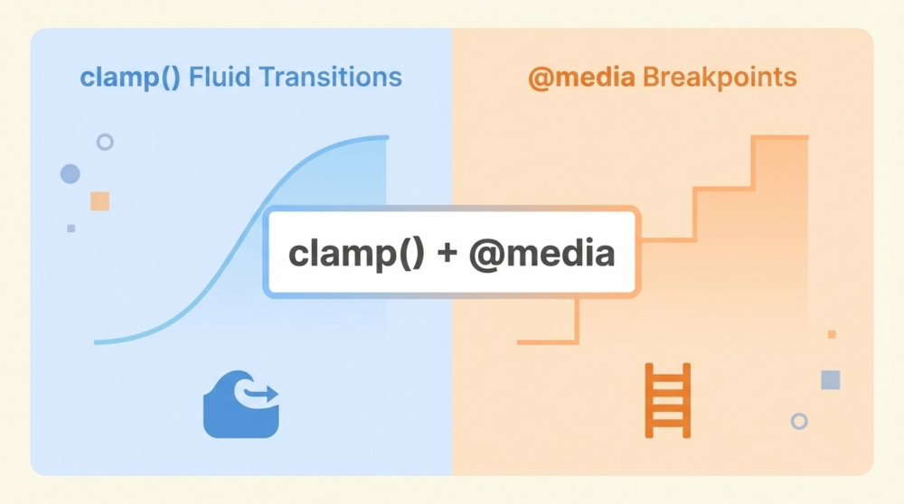 clamp()の滑らかな曲線 vs メディアクエリの階段状グラフ比較