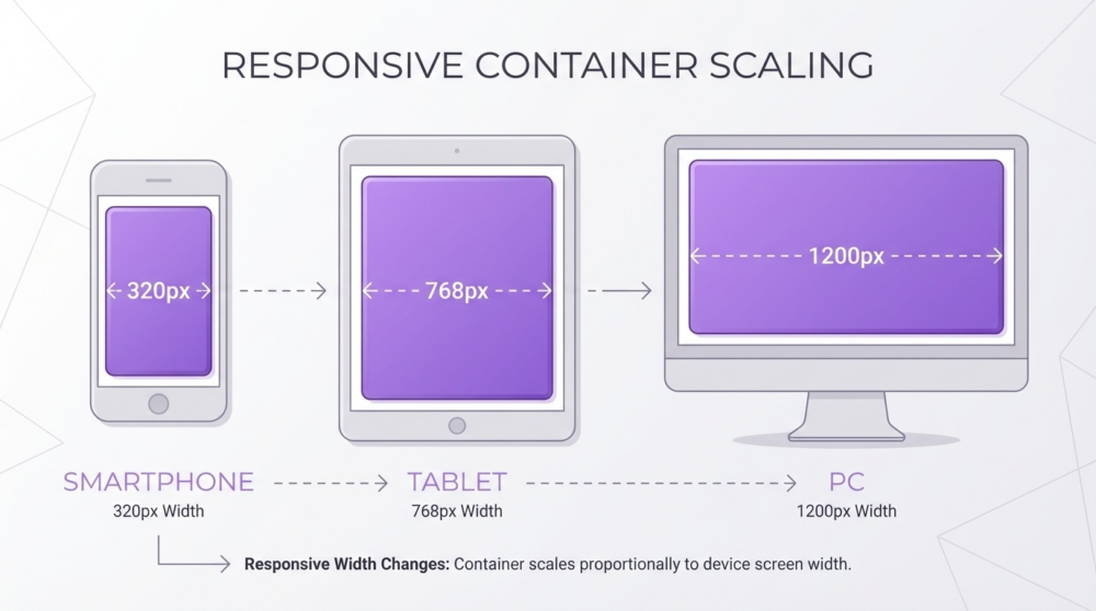 320px &rarr; 768px &rarr; 1200pxとコンテナが伸縮する3段階図解